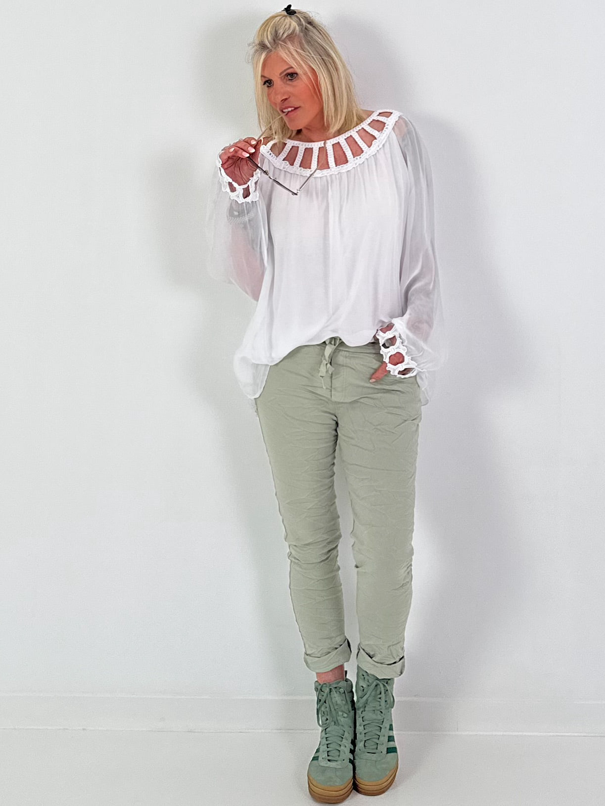Silk Tunic with Crocheted Neckline - White
