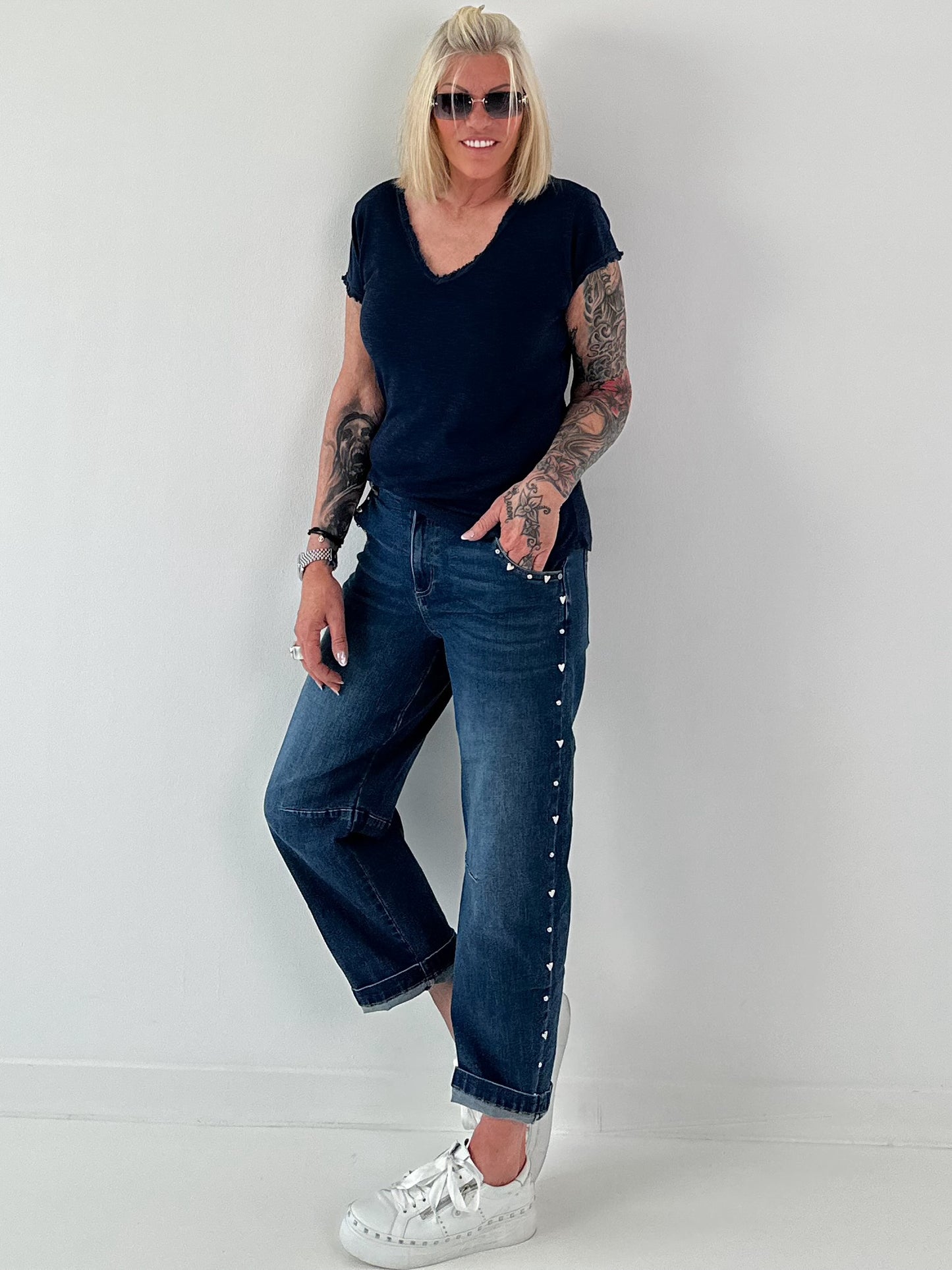 Ripp T-Shirt stone washed- dunkelblau