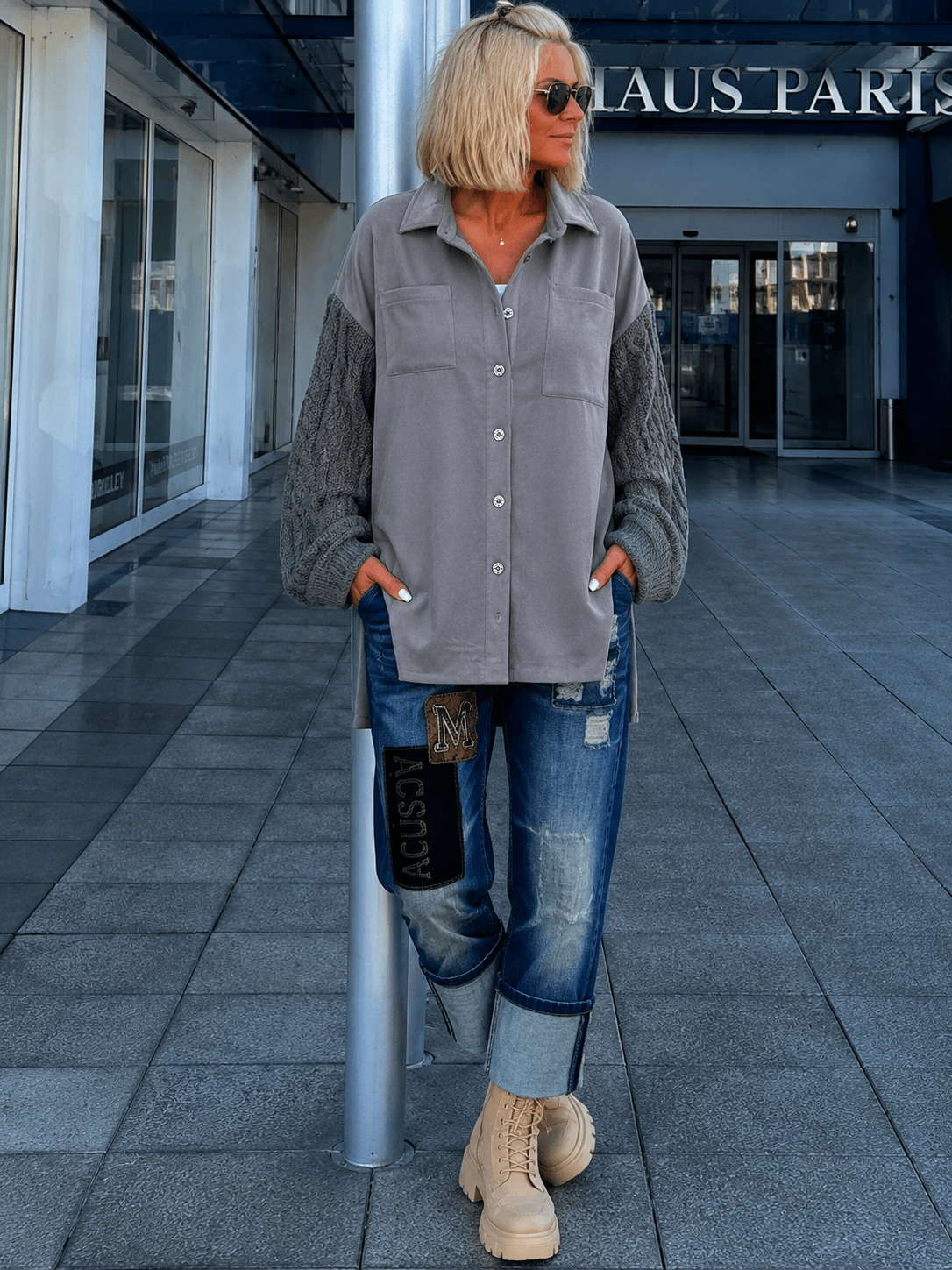 Lässiges Wildleder-Optik Hemd mit Strickarm - grau