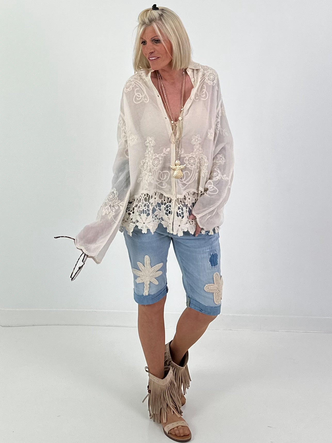 Boho Blouse with Crocheted Hem - beige