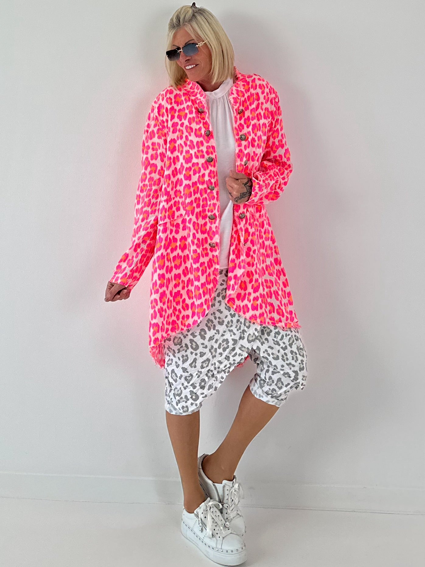 Oversized Leinen-Military Mantel Leo - weiss-neonpink-neonorange