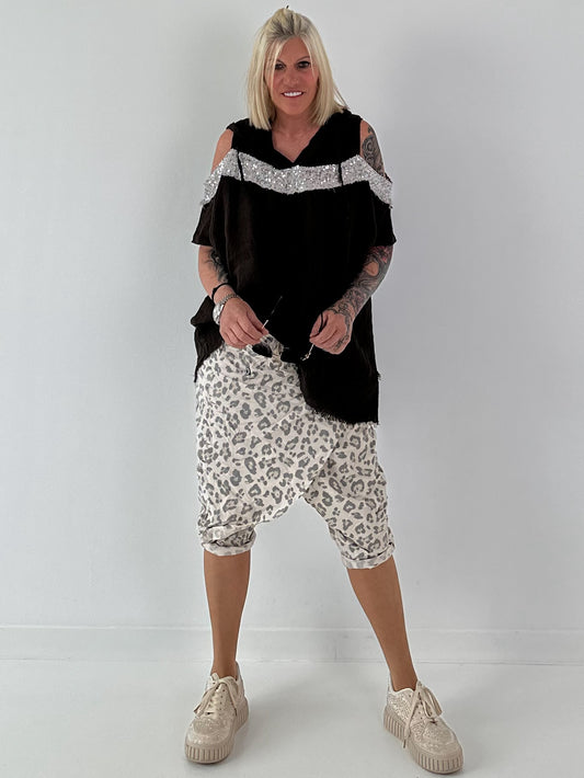 Leinen Shirt mit Pailletten und Cold Shoulder - schoko