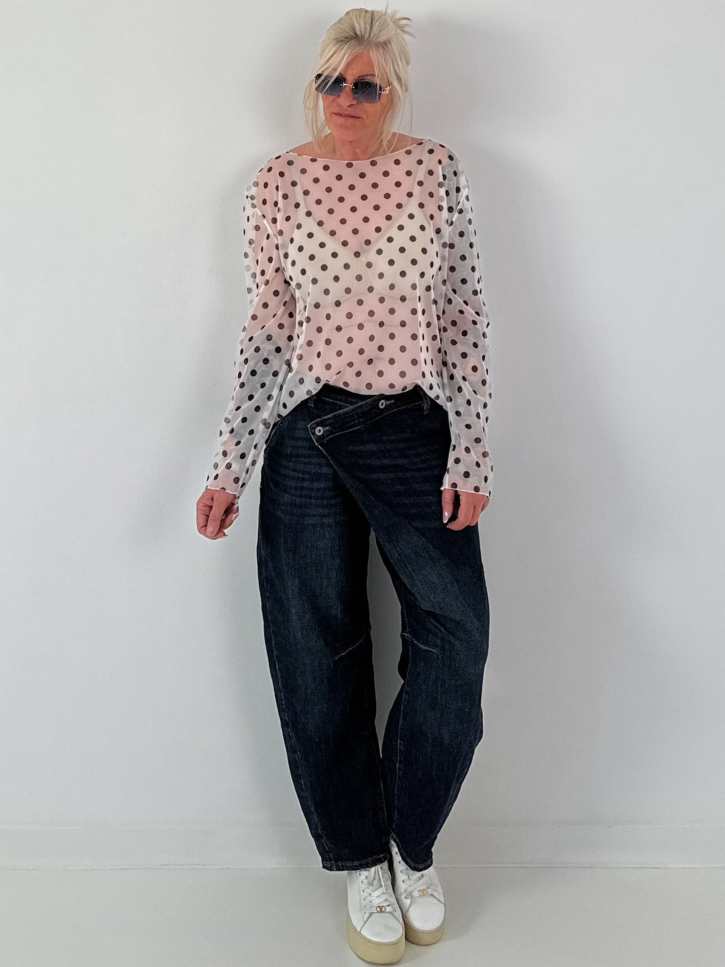 Mesh Shirt mit Punkten - creme