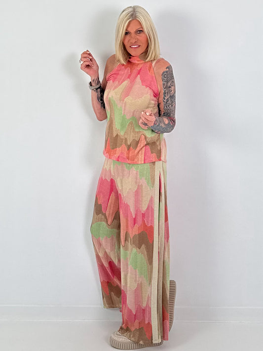 Zweiteiler mit Muster und Lurex - rosa-mint-beige