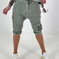 Short baggy shorts with crocheted flowers and sequins - khaki