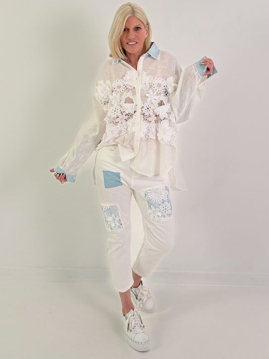 Oversized Bluse mit Häkeleinsätzen - weiss