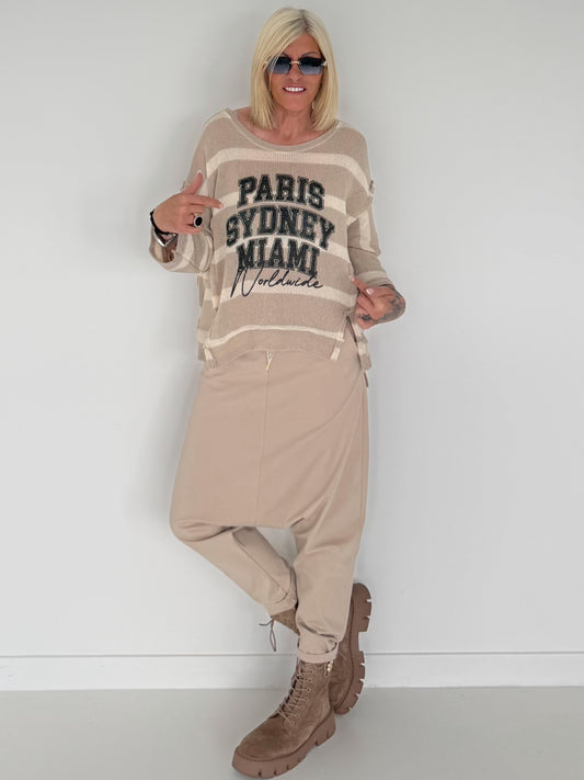 Strickpullover mit Streifen und Glitzer-Print - taupe-beige
