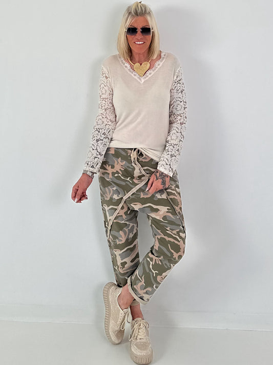 Shirt with lace sleeves - beige