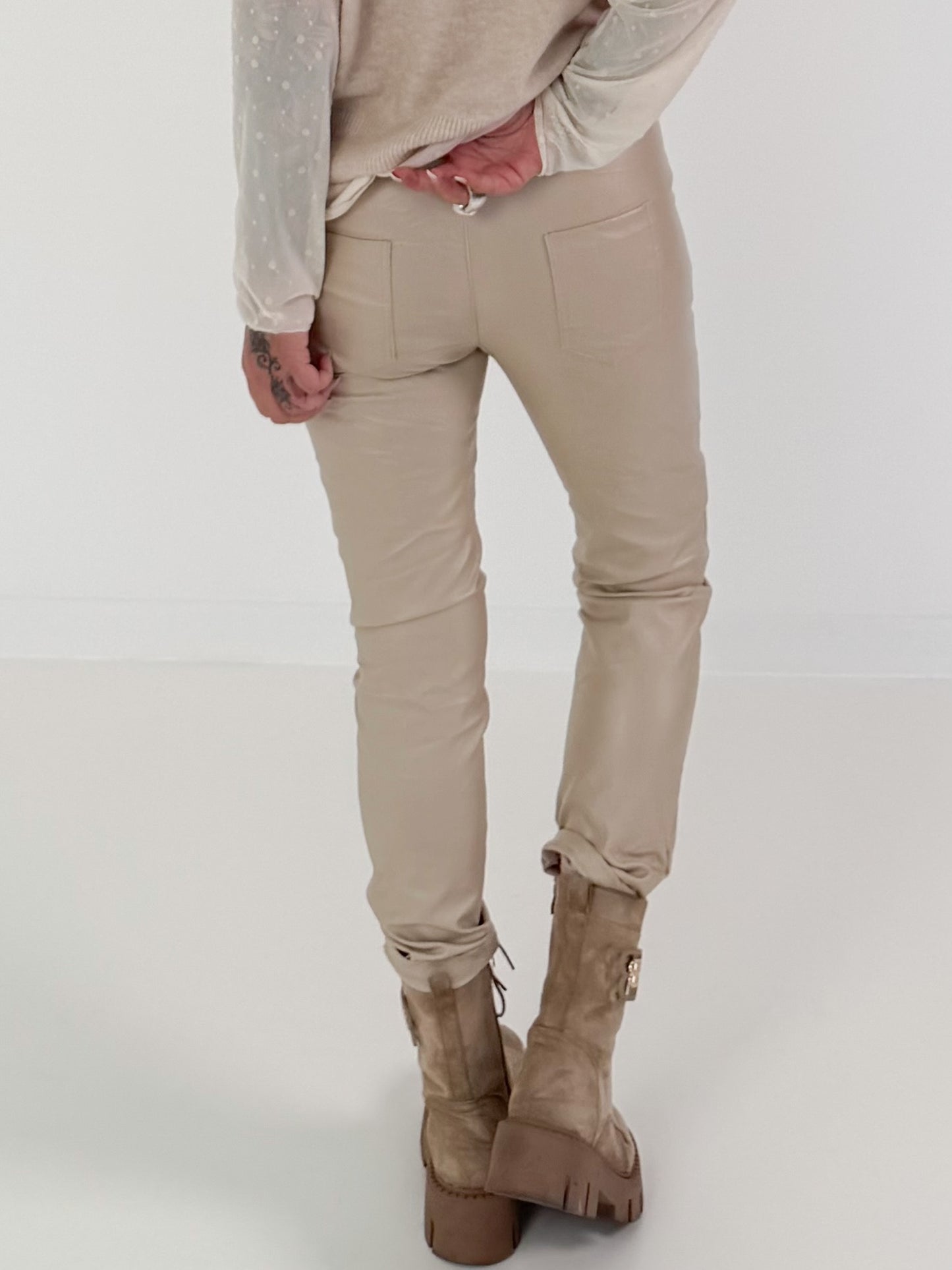 Vegan leather trousers with patch - beige