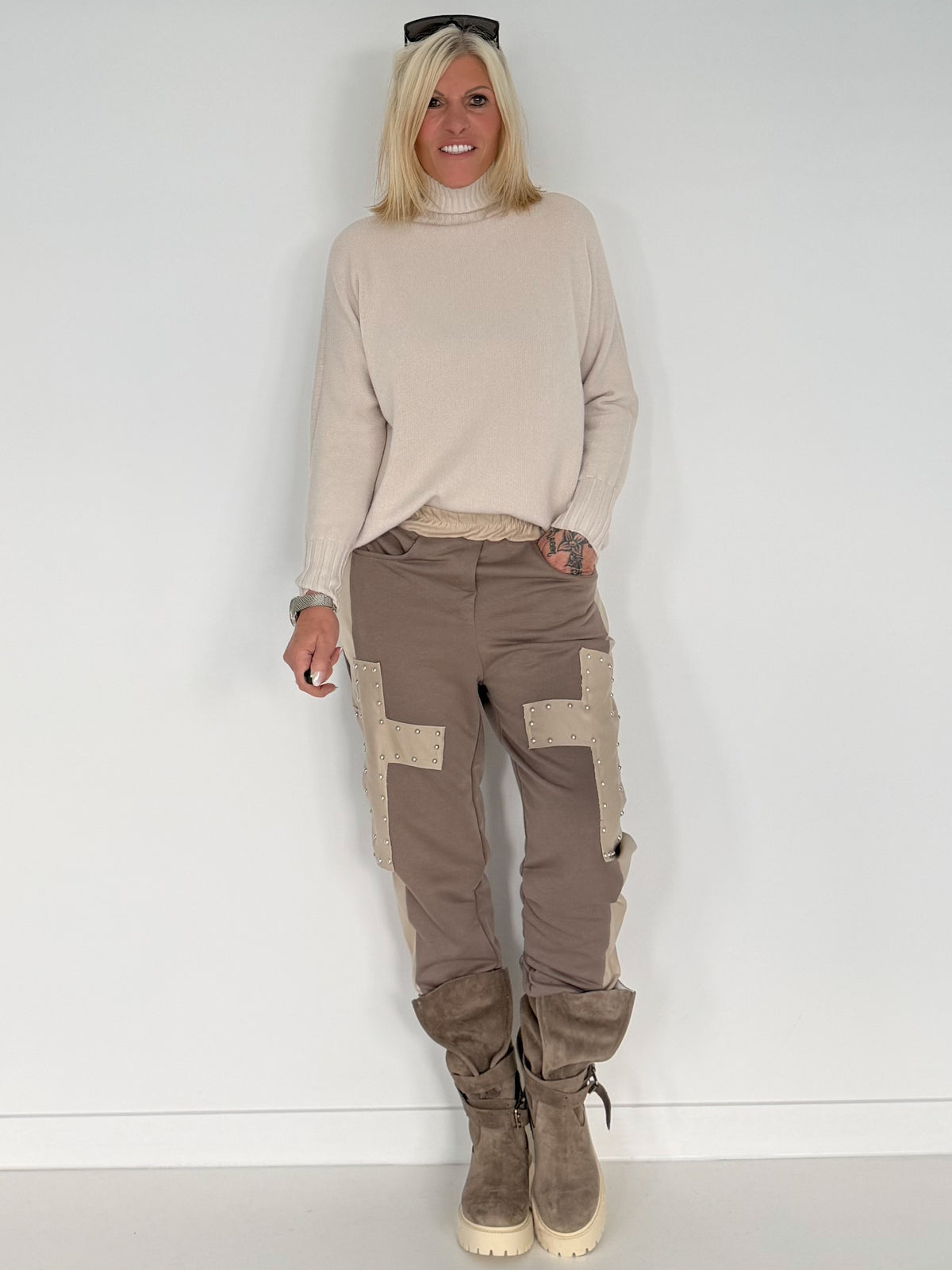 Sweathose im Materialmix - taupe-beige