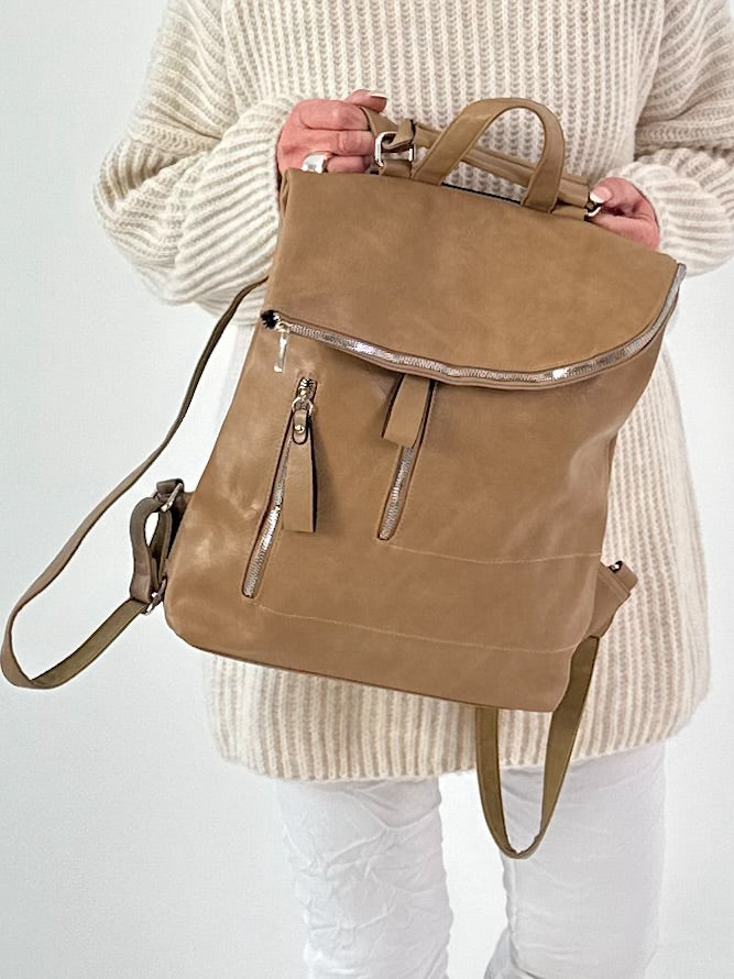 Leather-look backpack, model "City Fold" - taupe