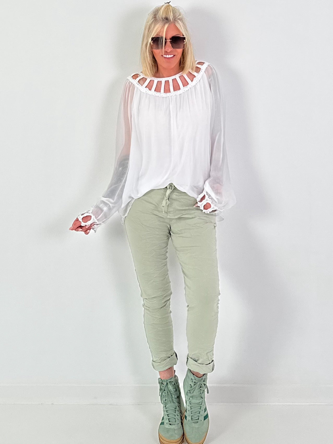Silk Tunic with Crocheted Neckline - White