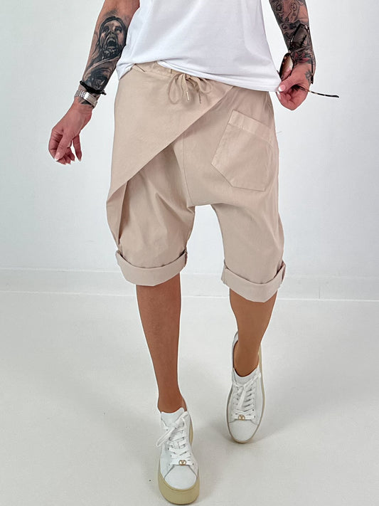 Short baggy shorts with side overlay - beige