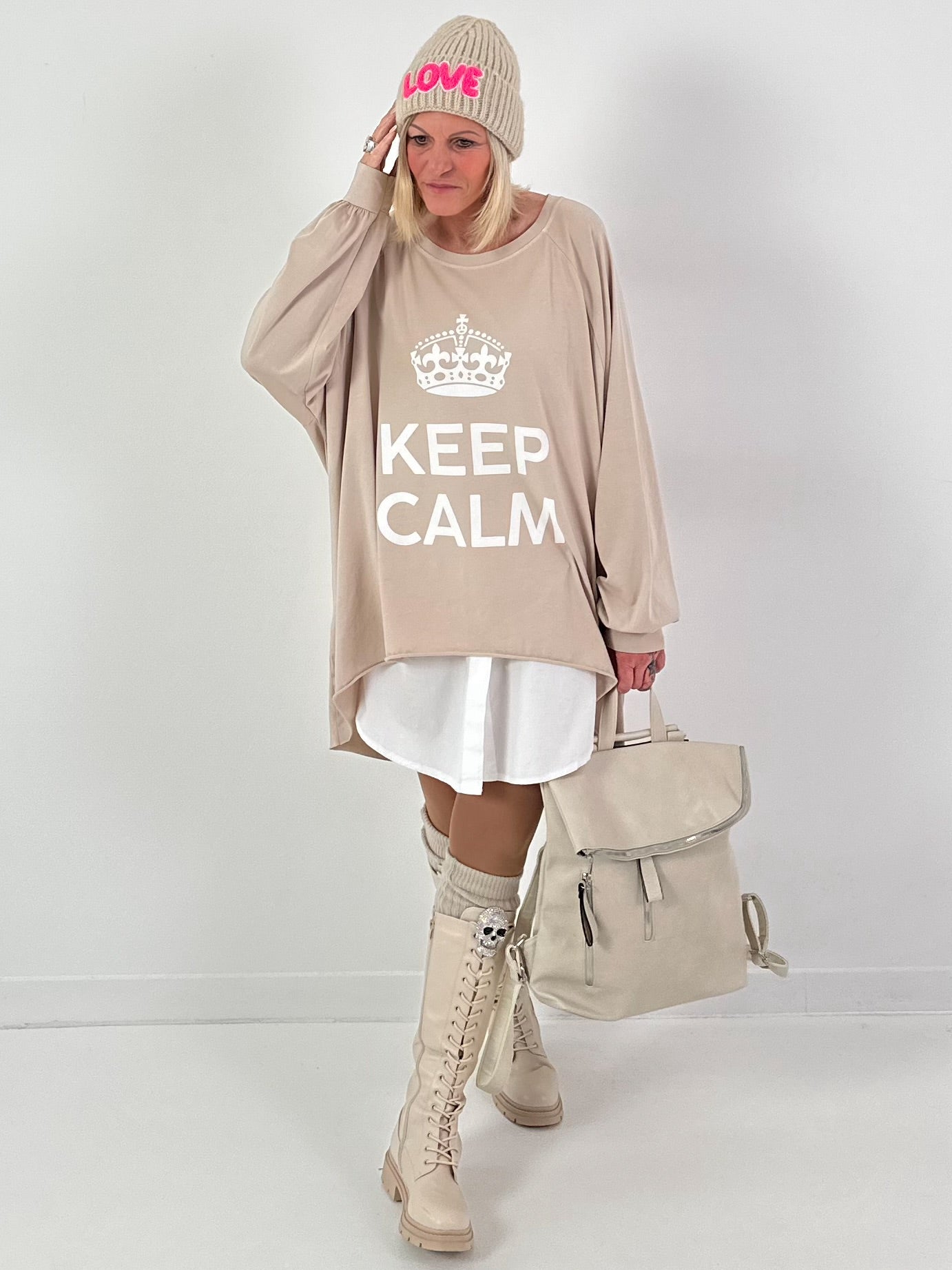Oversized shirt model "KEEP CALM" - beige