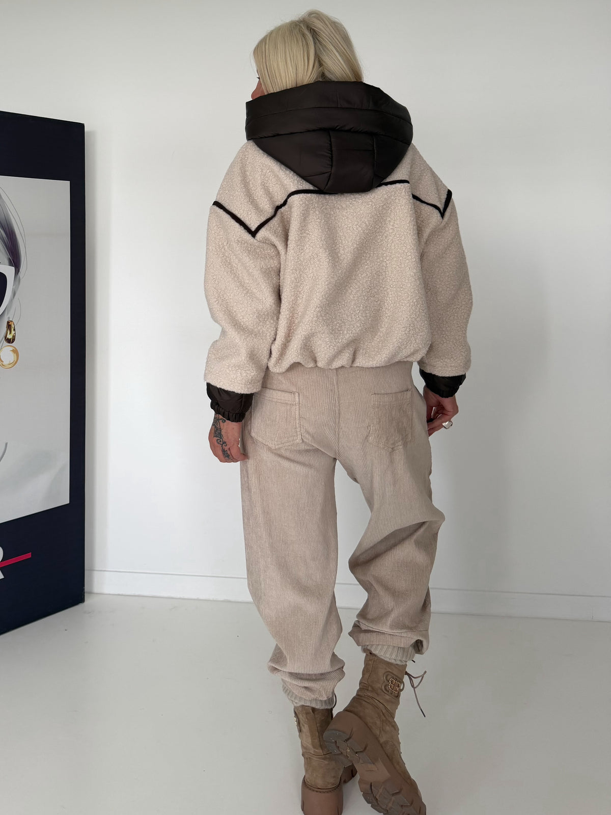 Bouclé jas met capuchon - beige-mokka