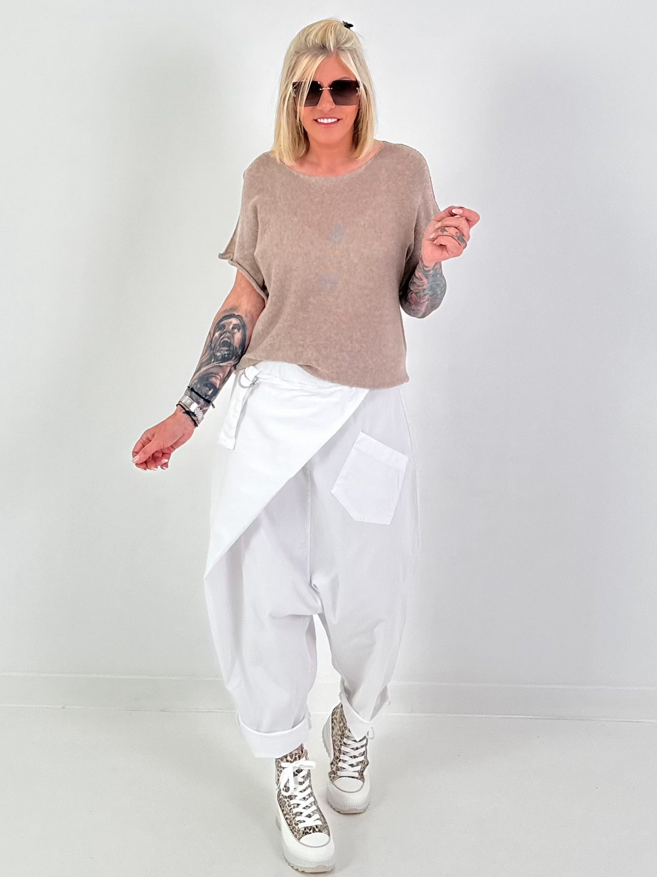 Sommerstrick Pullover mit kurzen Arm - taupe