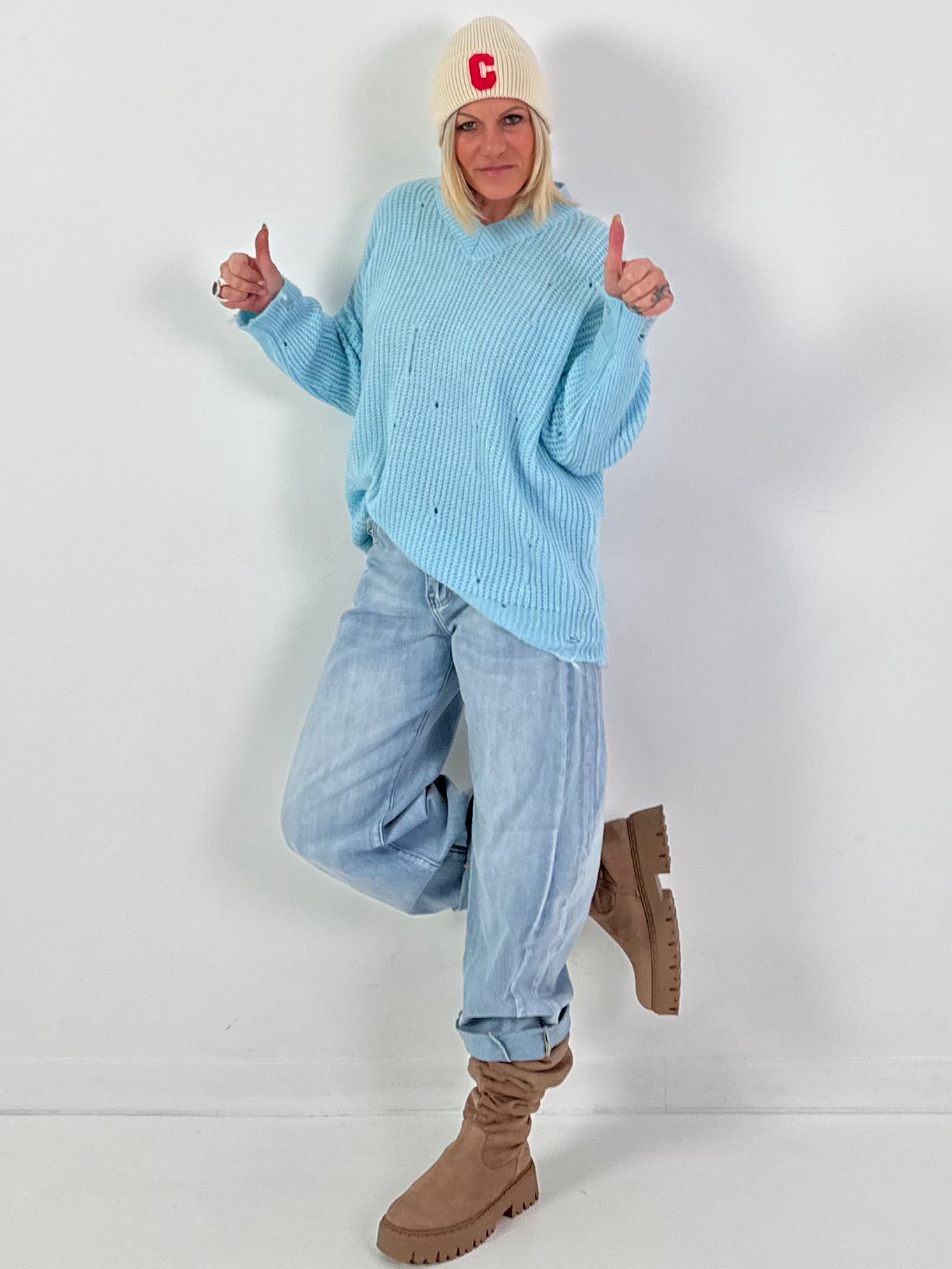 Trui model "Raw Rib" - ijsblauw