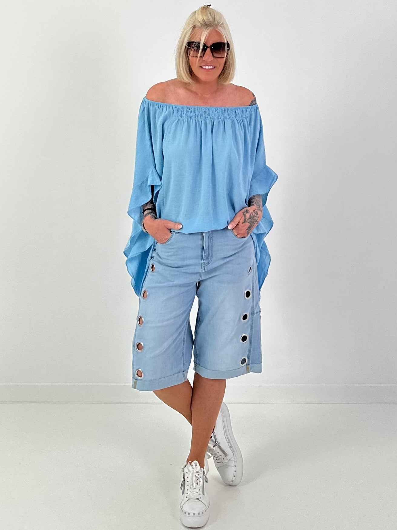 Tunic with side ruffles - light blue