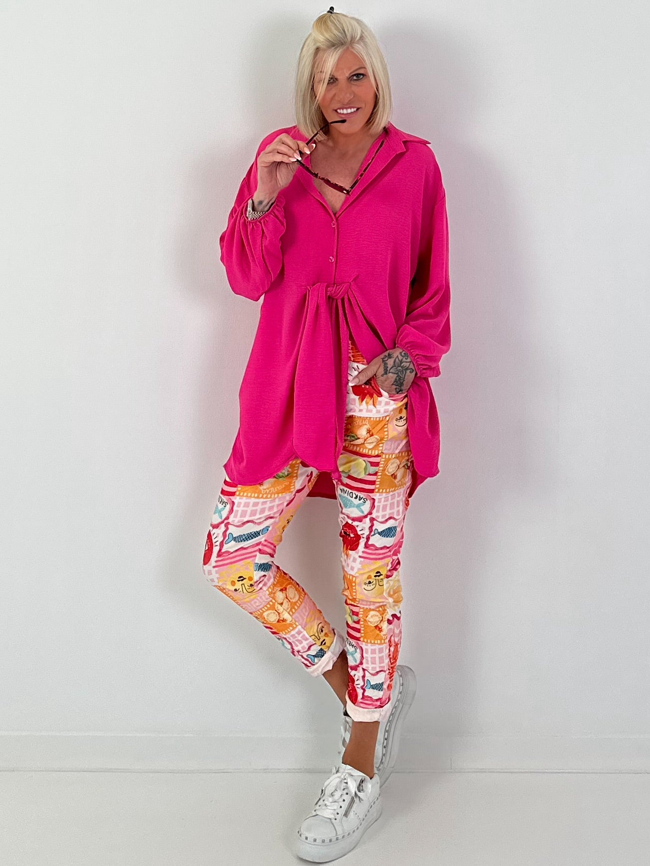 Lange blouse met strikband - roze