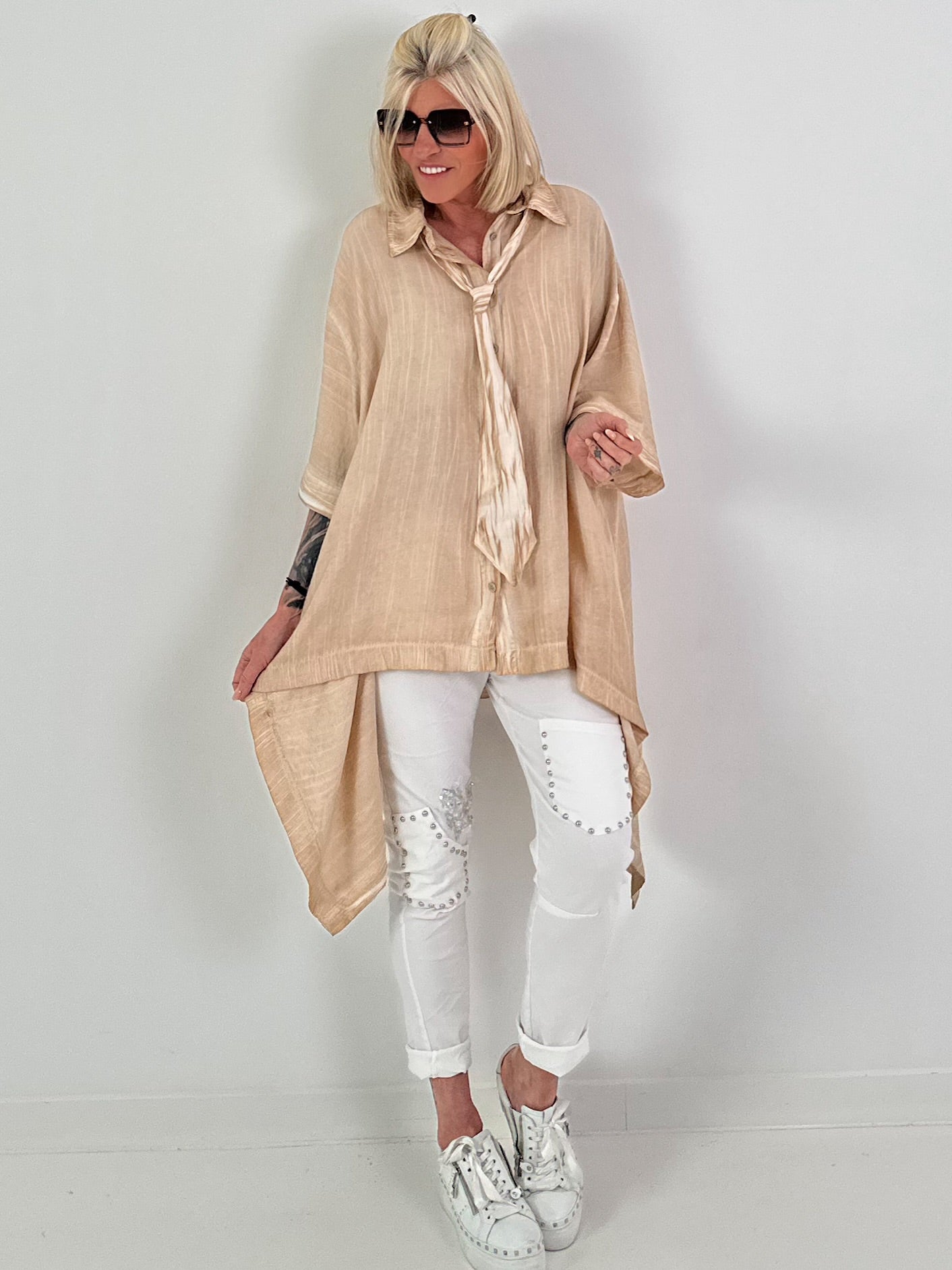 Oversized asymmetrical blouse with tie - sand