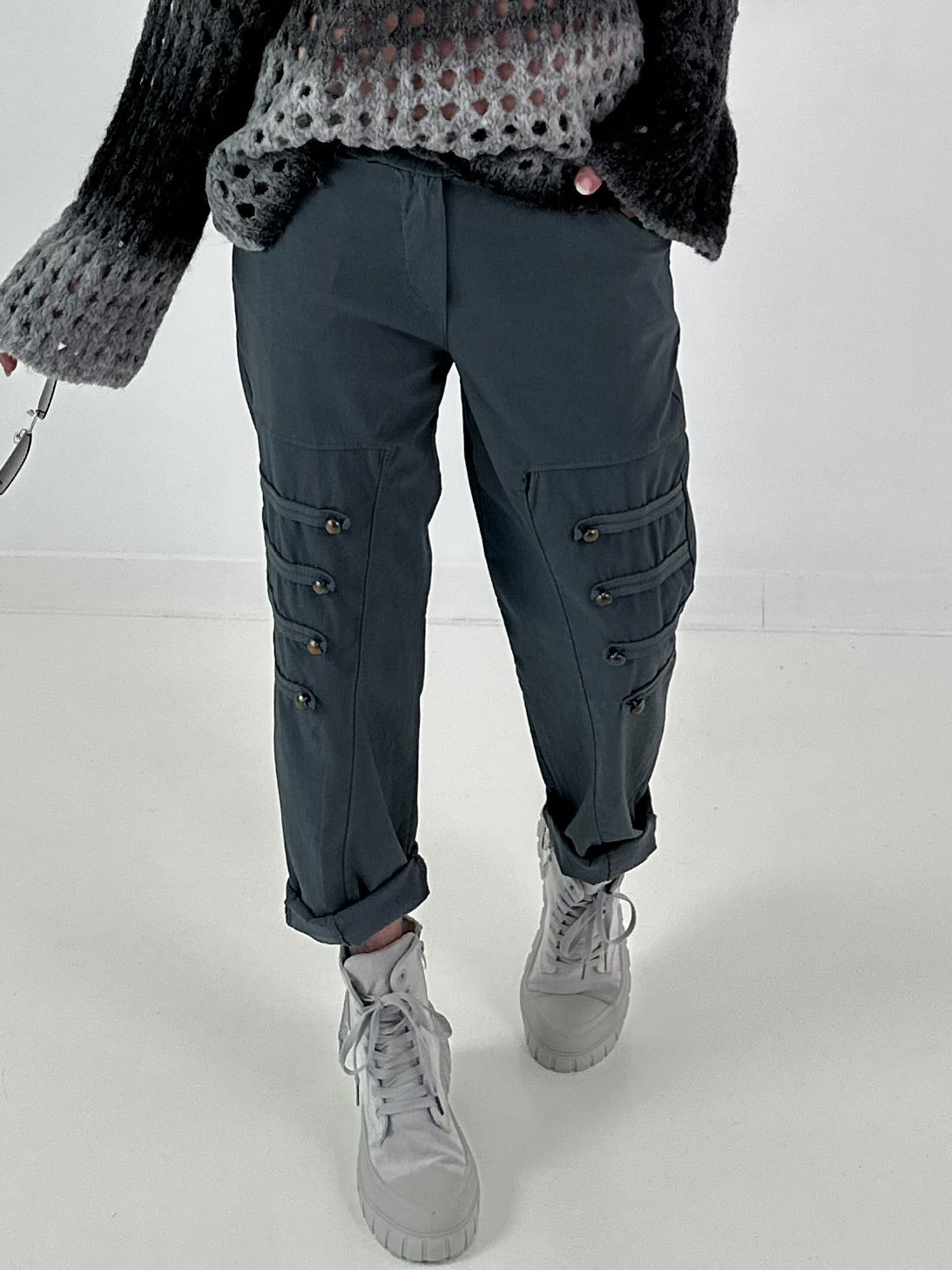 Trousers with elasticated waistband and button details - anthracite