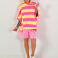 Striped Oversized Sweater with Short Sleeves - Yellow-Neon Pink