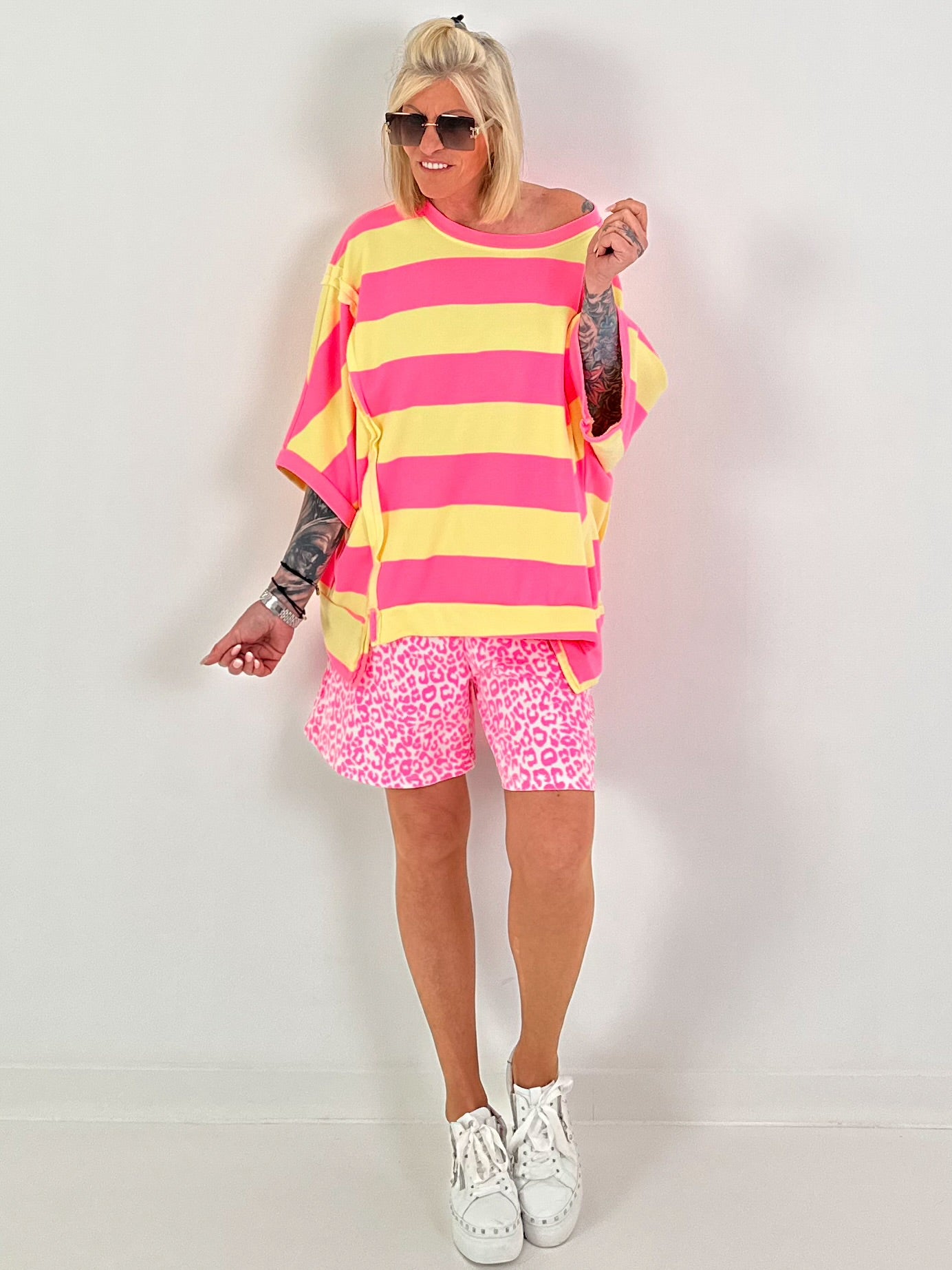 Striped Oversized Sweater with Short Sleeves - Yellow-Neon Pink