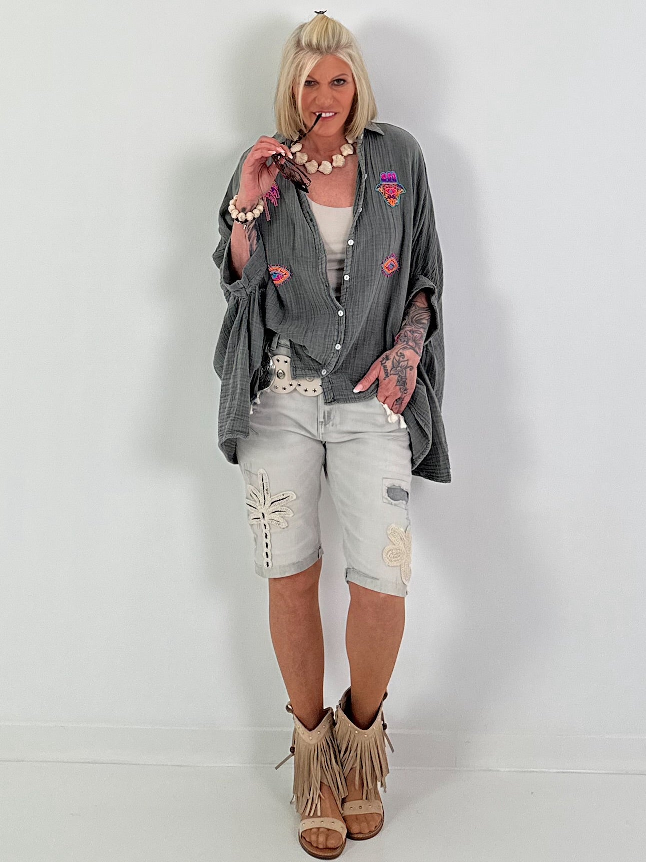 Oversized Muslin Blouse with Colorful Bead Embroidery - Anthracite