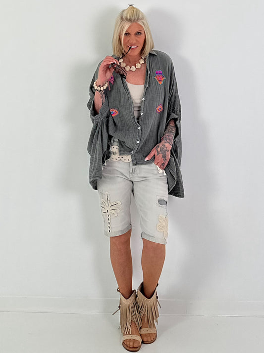 Oversized Muslin Blouse with Colorful Bead Embroidery - Anthracite