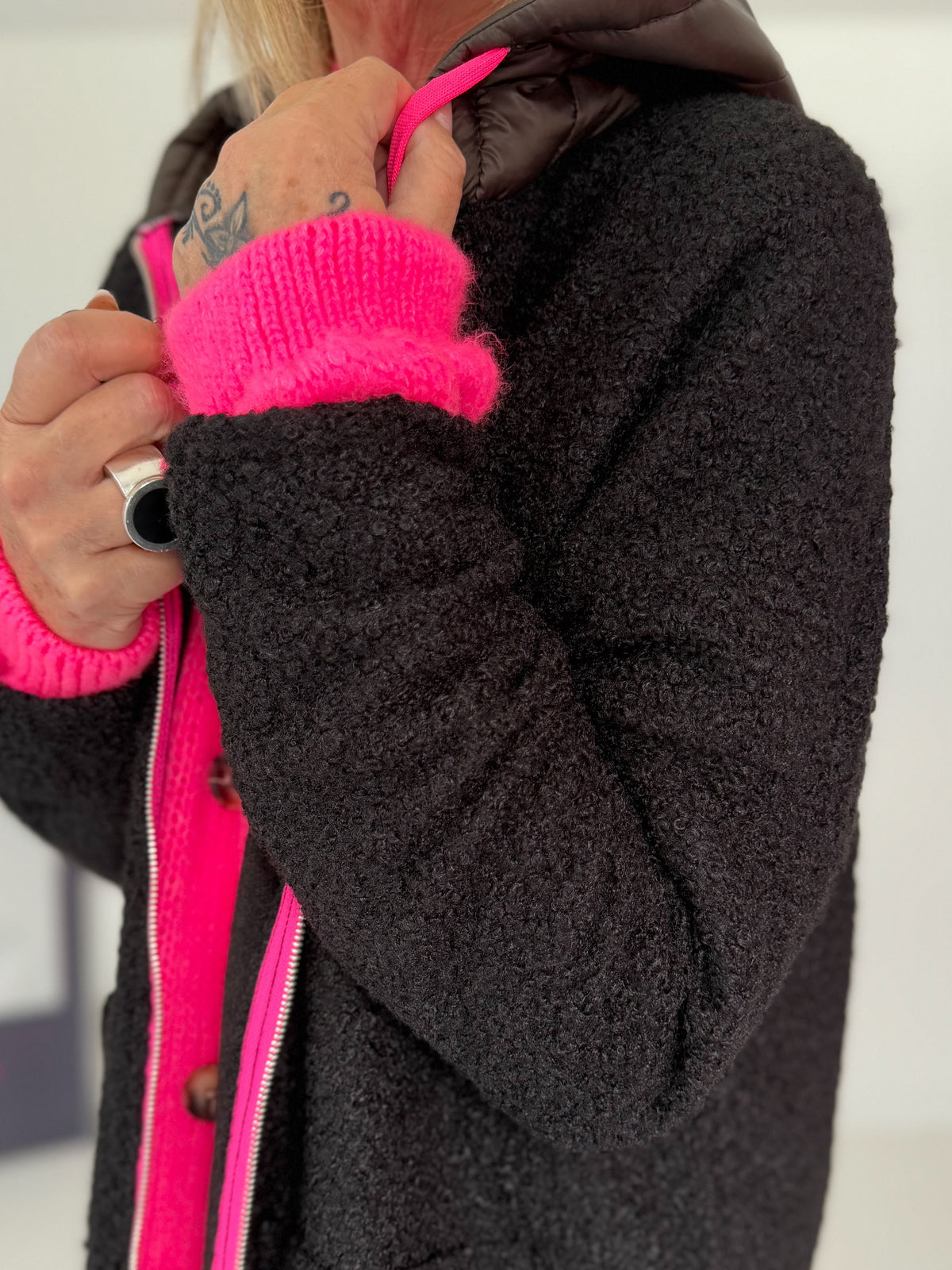 Coat with teddy curl look and neon accents - black