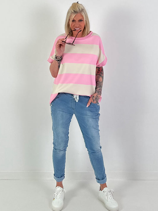 Sweat T-Shirt mit Streifen - beige-rosa