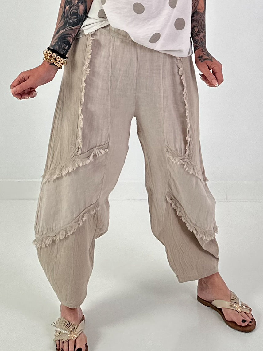 Balloon Linen Trousers with Fringe Detail - Beige