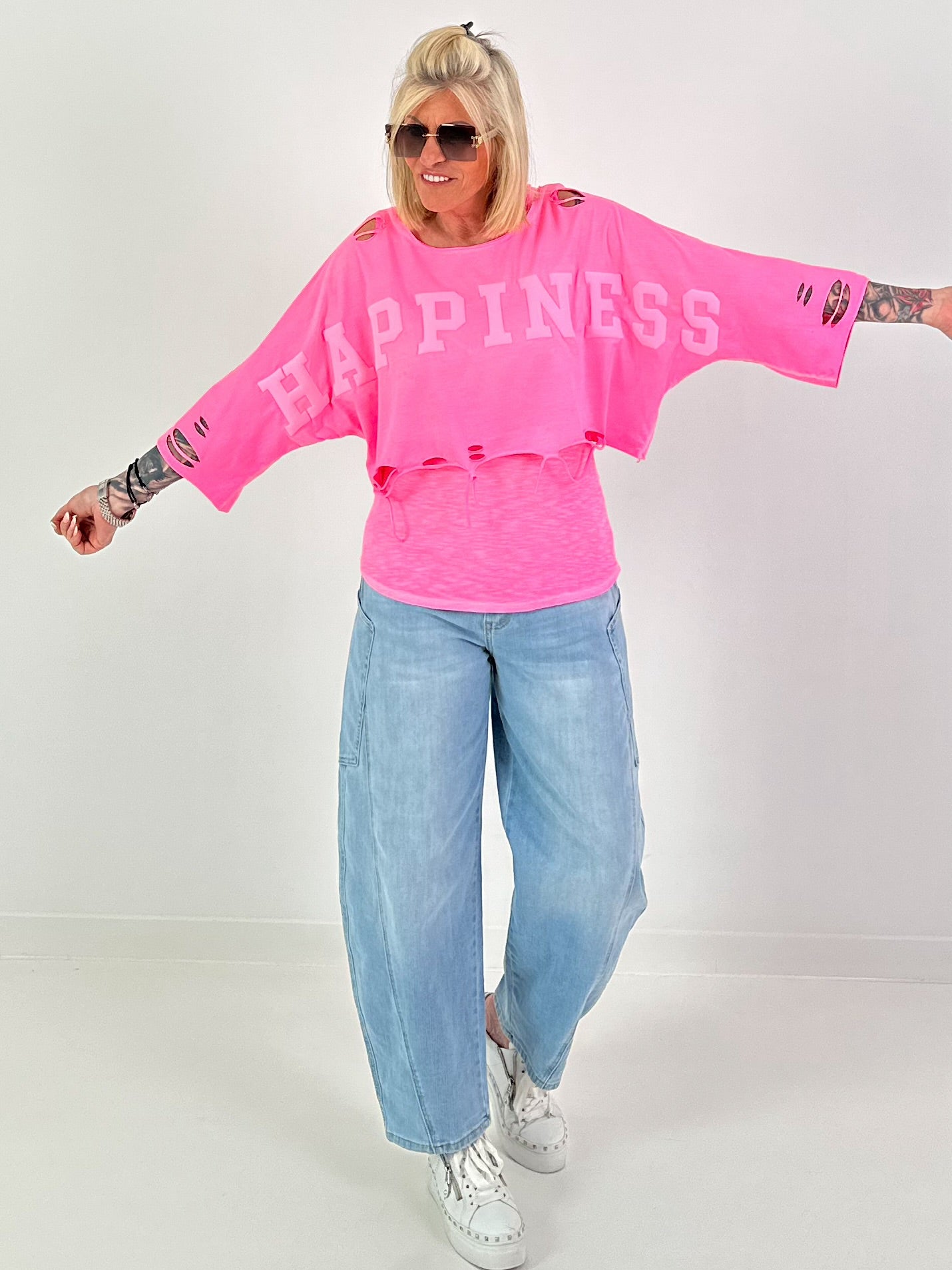 Cropped Sweater Happiness - neon pink