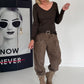 Rippshirt mit fransigem V-Ausschnitt - mokka