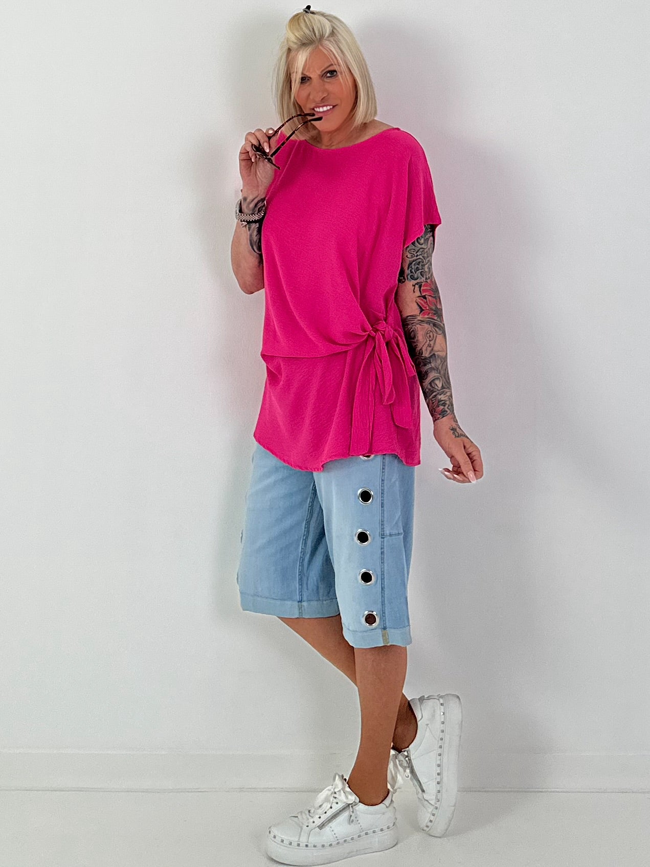 Blusenshirt mit seitlichem Bindeknoten - pink