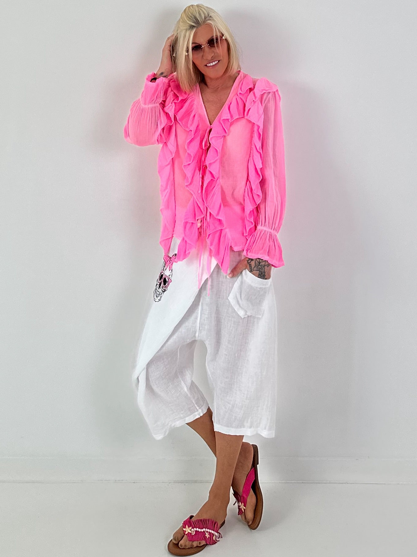 Tunika zum Binden mit Volants - neonpink