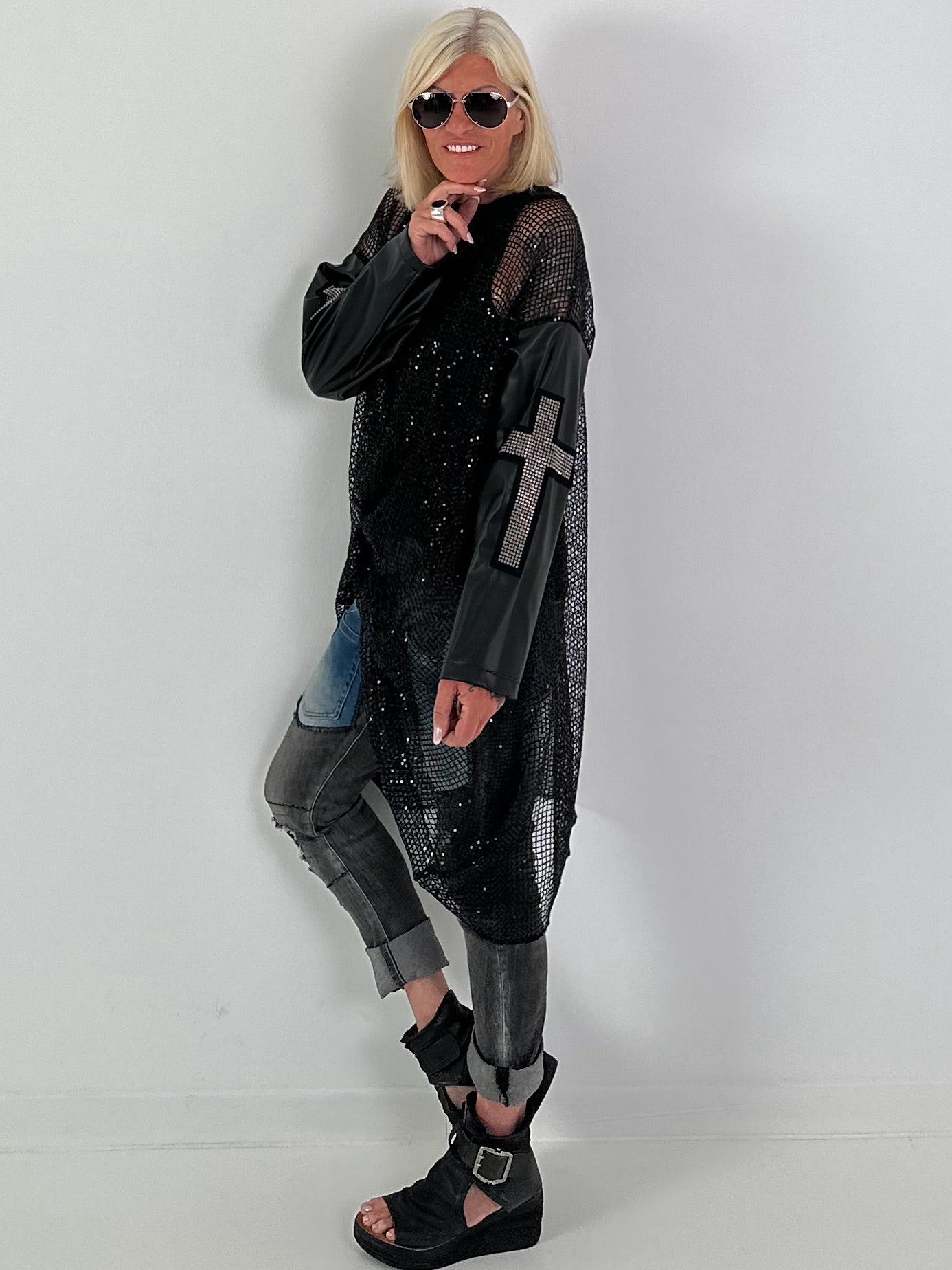 Stylish Long Mesh Shirt with Cross Details - black