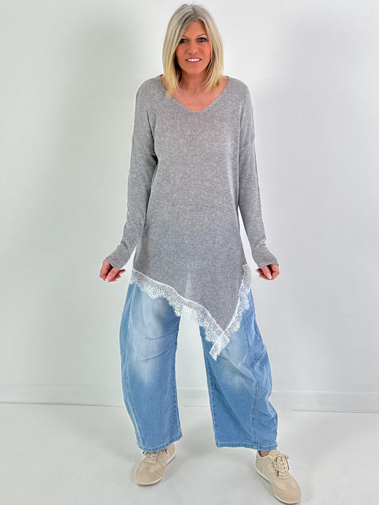 Strickpullover mit Spitze - grau