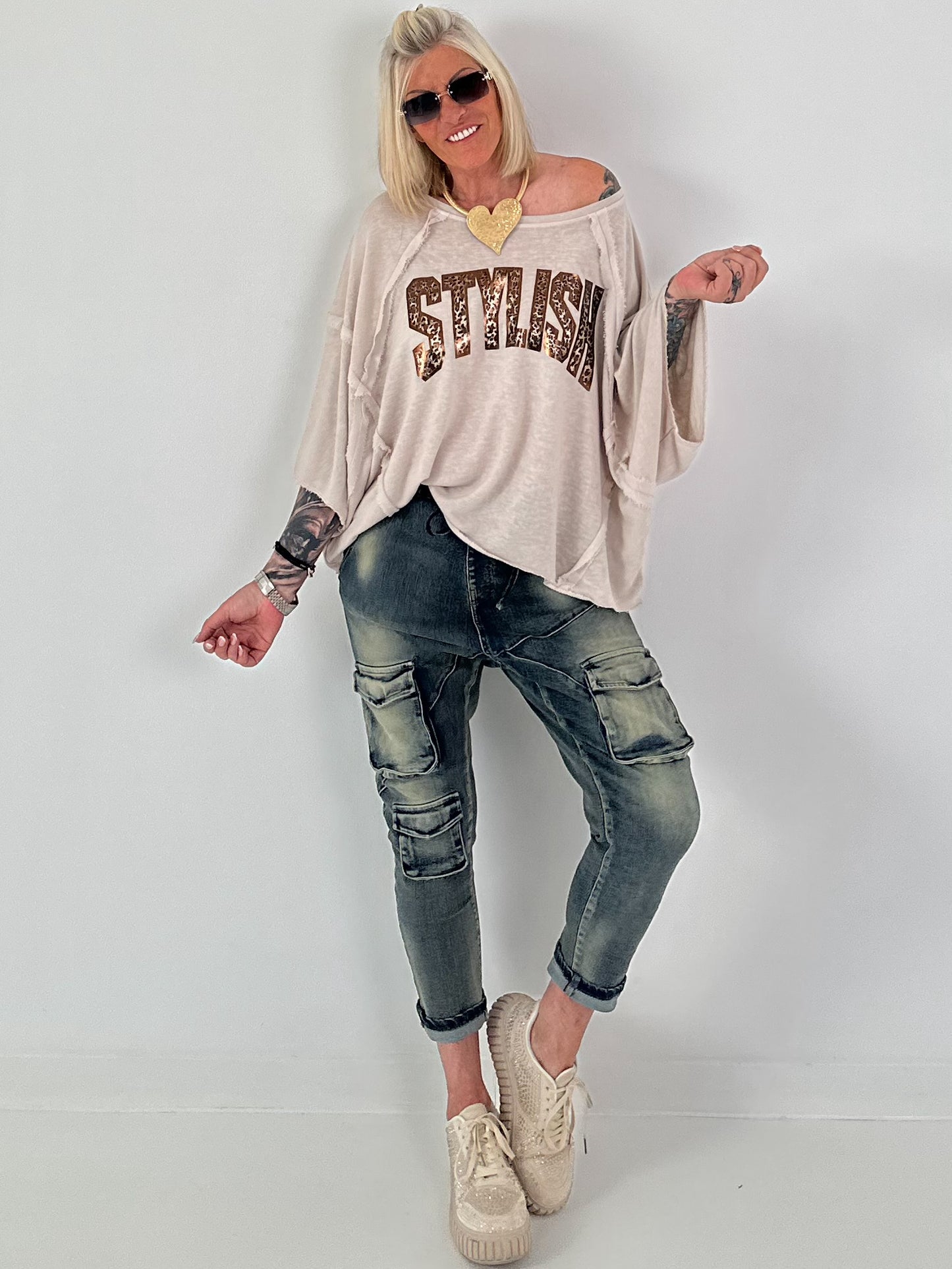 Strick Shirt mit Leo-Print - beige