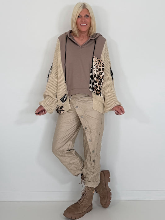 Oversized Grobstrick-Hoodie mit Sweat-Einsatz  - taupe-beige