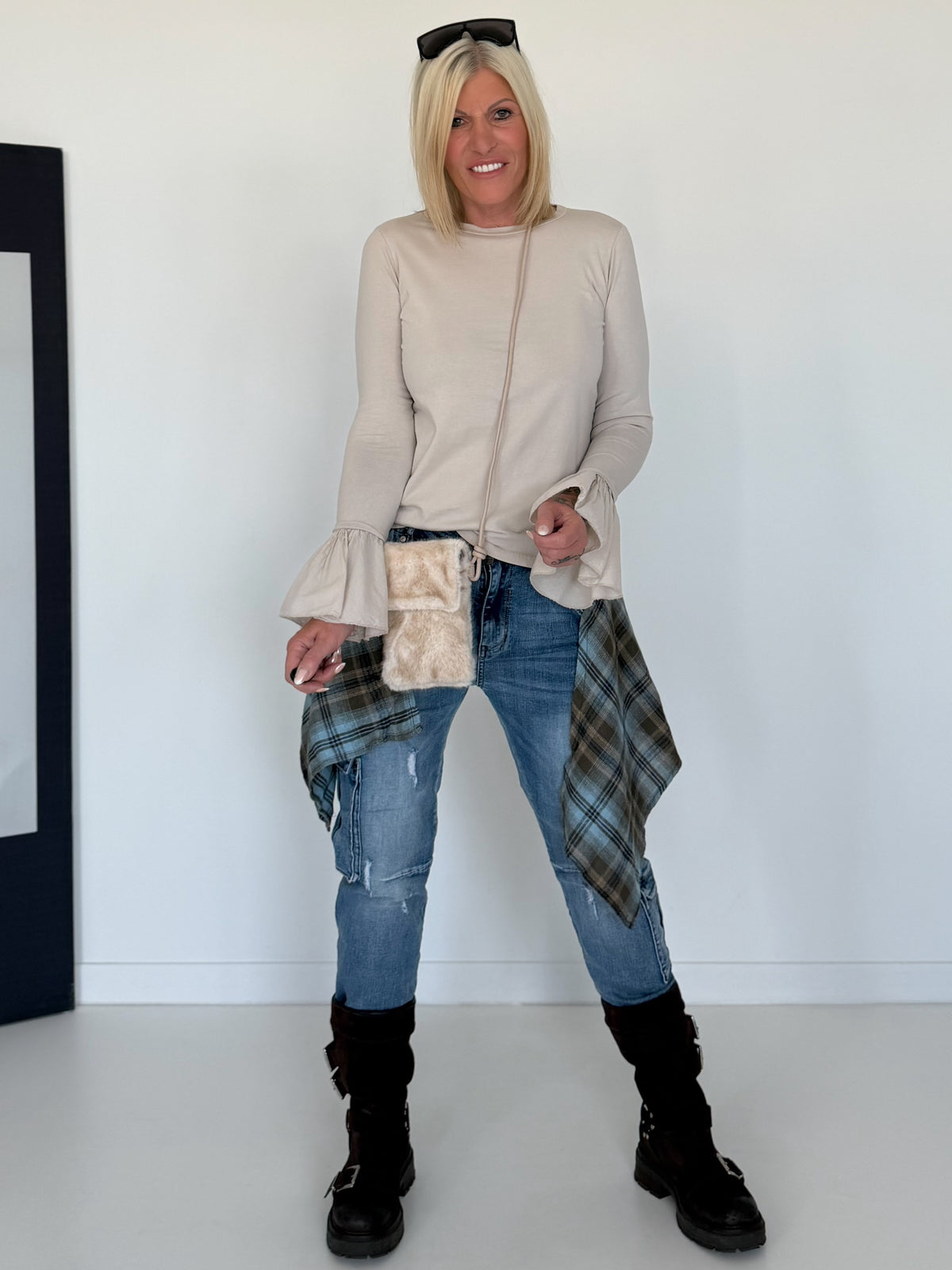 Shirt mit Trompetenärmelchen - beige
