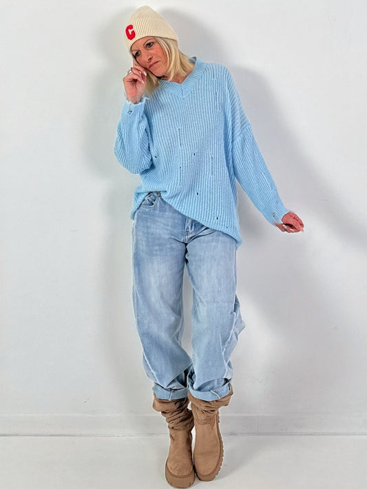 Trui model "Raw Rib" - ijsblauw