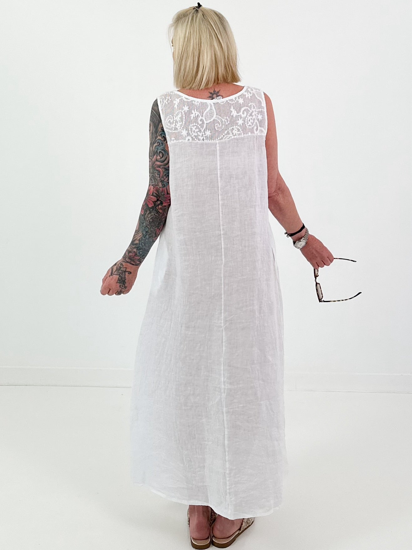 Sleeveless Linen Dress with Crochet Insert - white