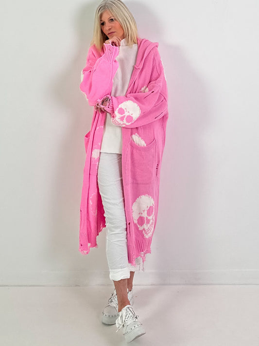 Oversized Strickmantel mit Kapuze Modell "Skull" - rosa-weiss