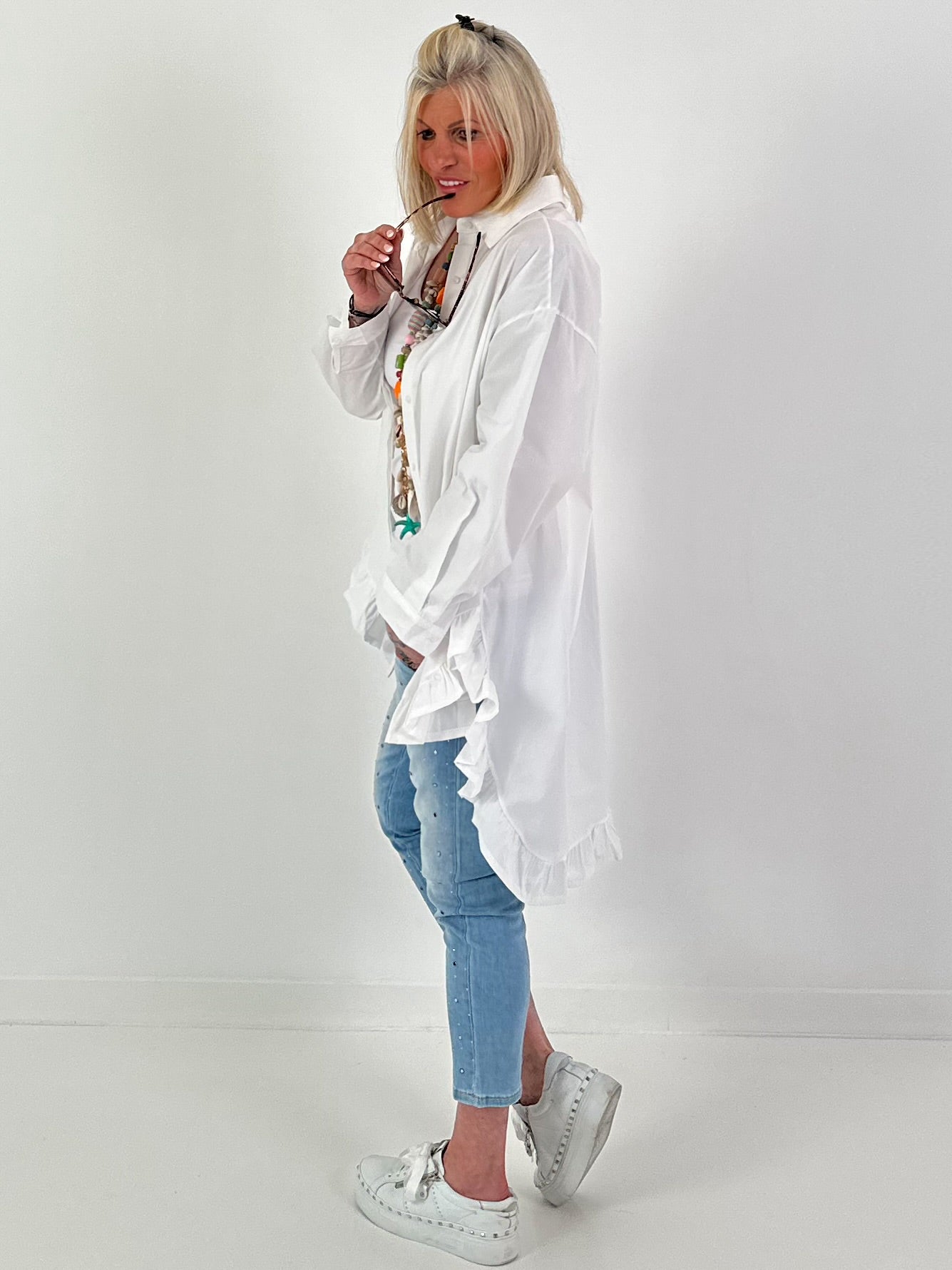 Oversized frilled shirt blouse - white