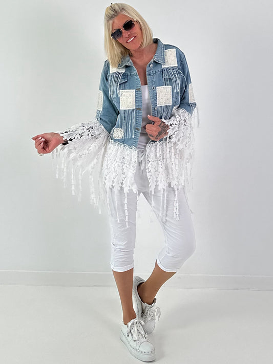 Boho Jeansjacke mit aufwendigen  Details - hellblau-weiss