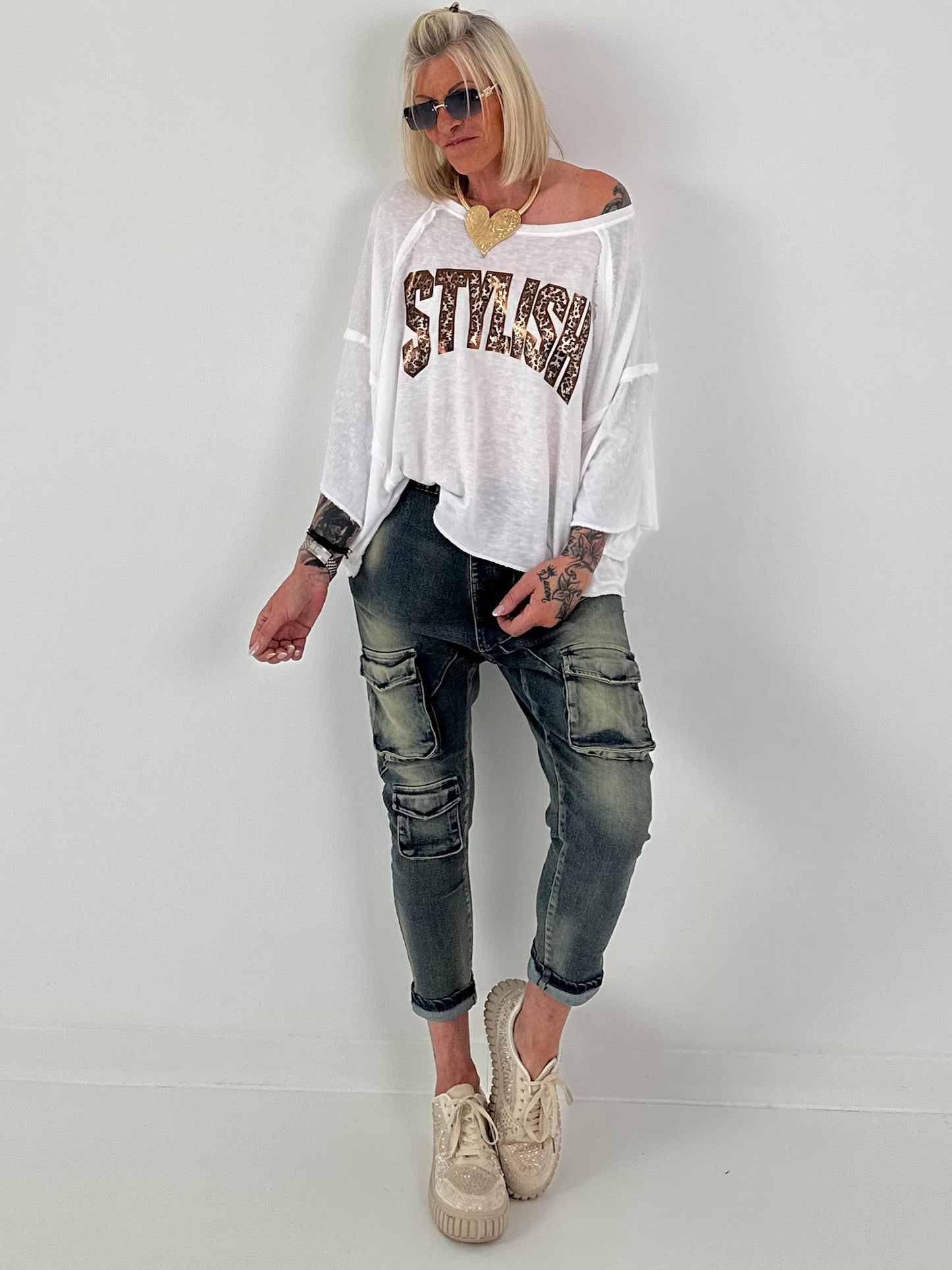 Strick Shirt mit Leo-Print - weiss