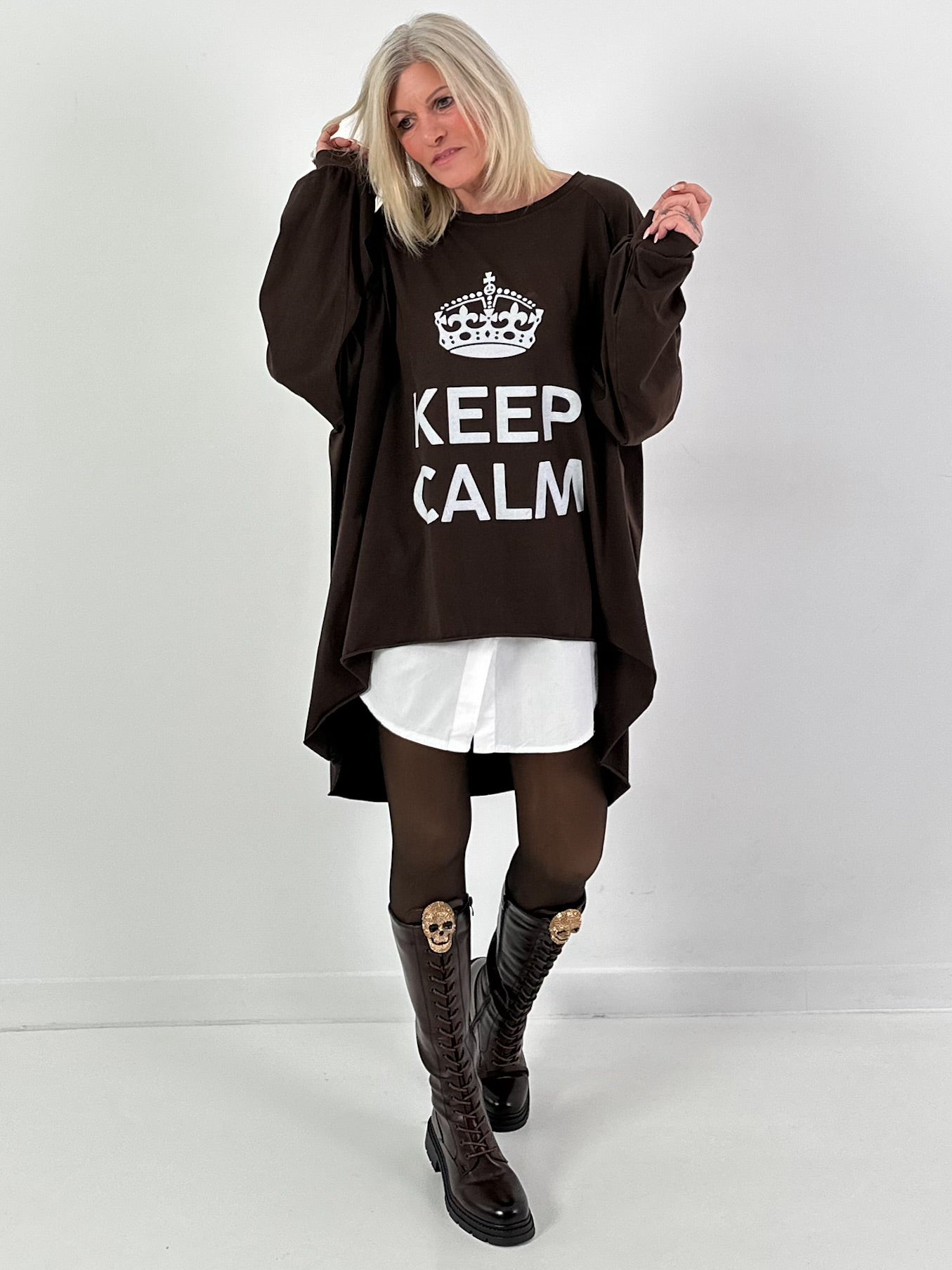 Oversized shirt model "KEEP CALM" - coffee