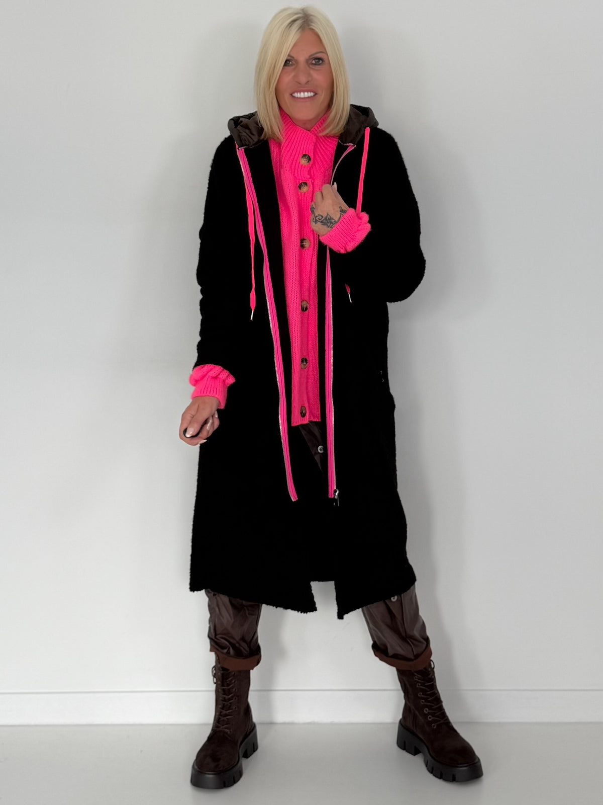 Coat with teddy curl look and neon accents - black