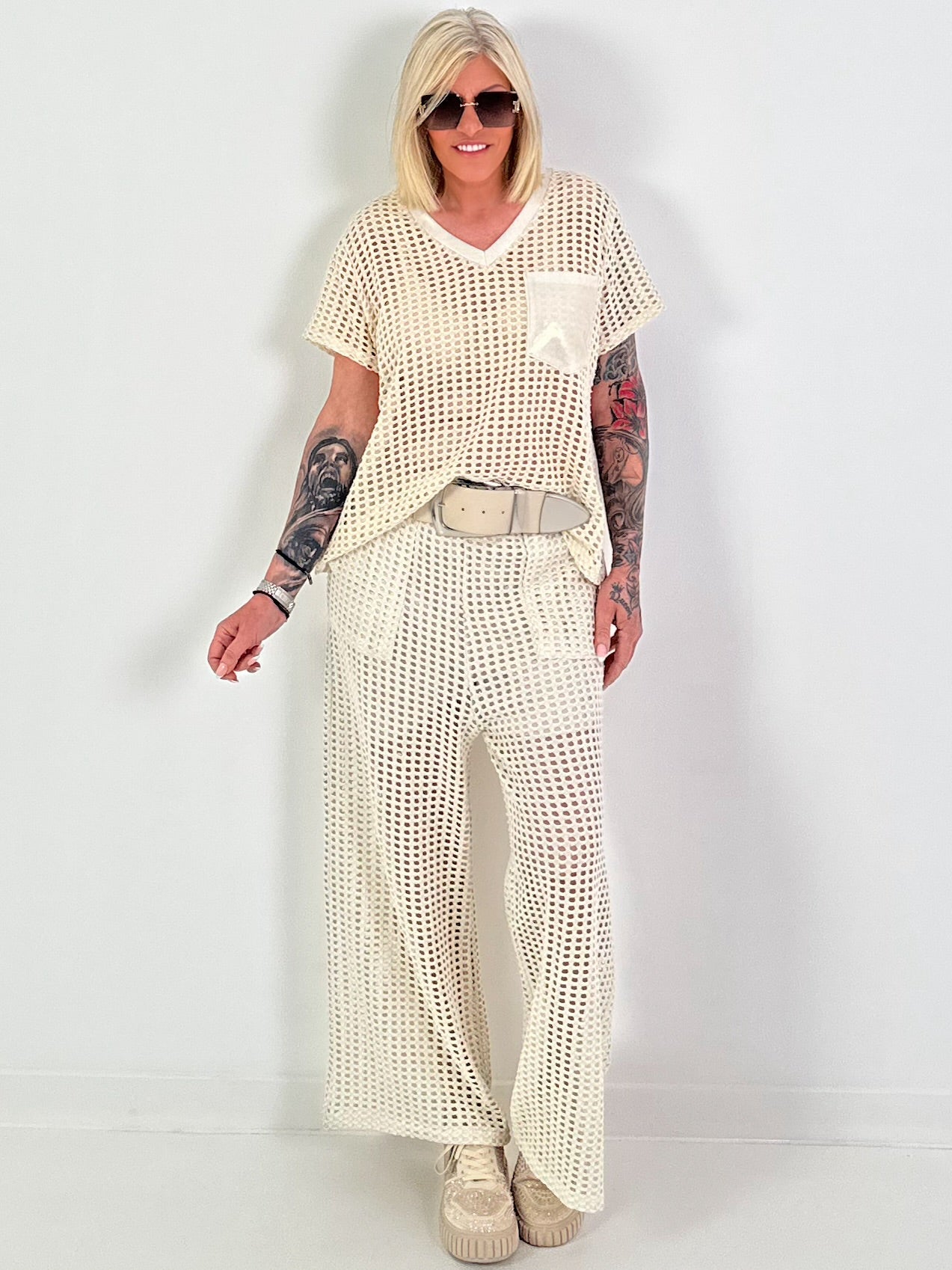 Crochet trousers with lurex - beige